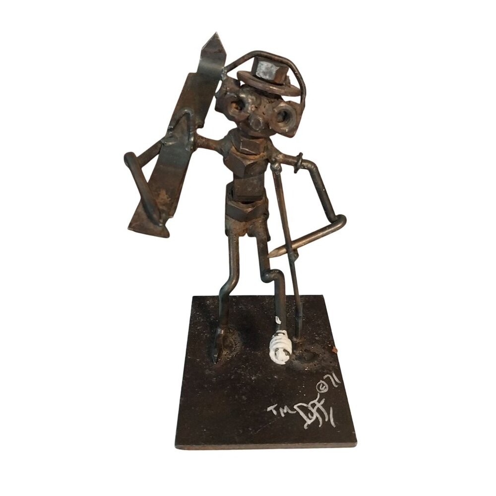 JOHN DUFFY Metal Art Sculpture SKIER Folk Art Brutalist Signed Rusty Chippy